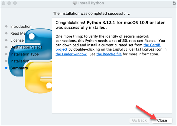 The last page of the Python installer.