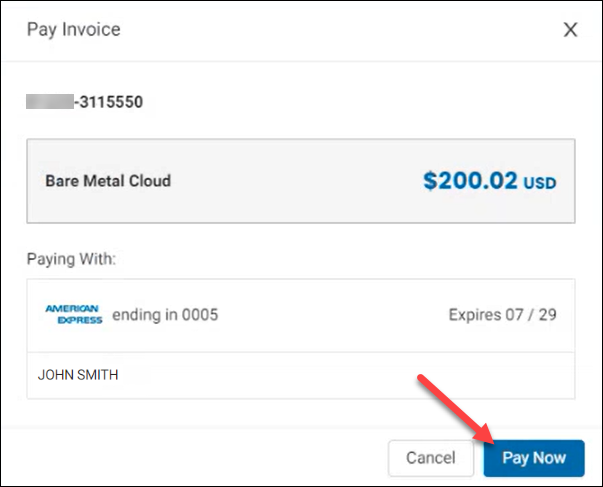 Location of the Pay Now button in the Pay invoice window.