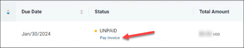 Location of the Pay Invoice link in the Status column.
