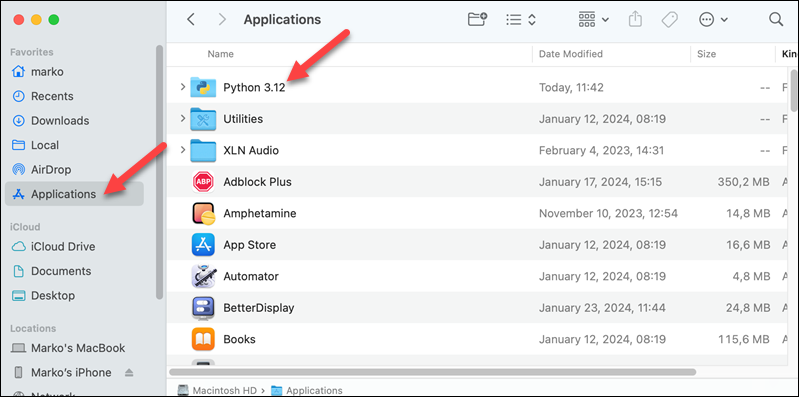 Location of the Python directory in macOS's Applications directory.
