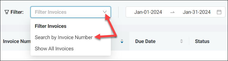 Location of the Search by Invoice Number item in the Filter menu.