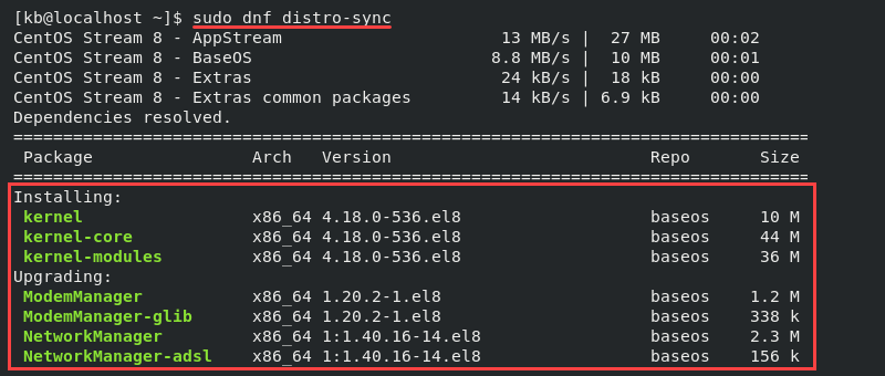 sudo dnf distro-sync terminal output