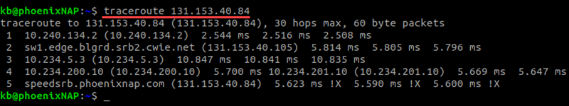 Output of the traceroute command on Linux