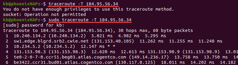 Traceroute -T without and with sudo terminal output