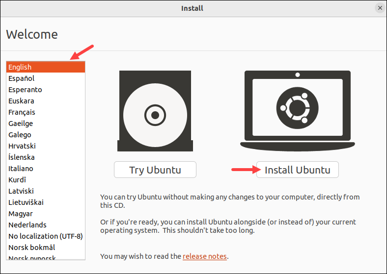 Choosing language in Ubuntu installation