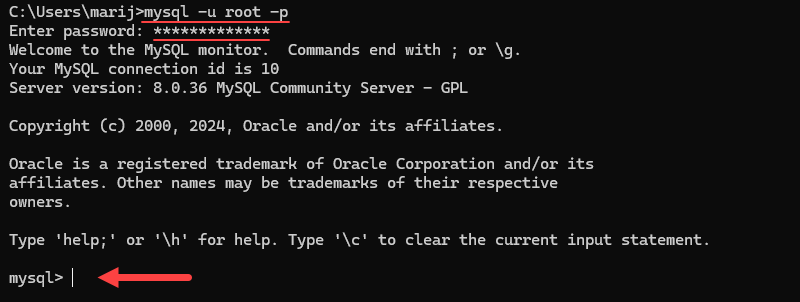Connect to MySQL using the Windows Command Prompt.
