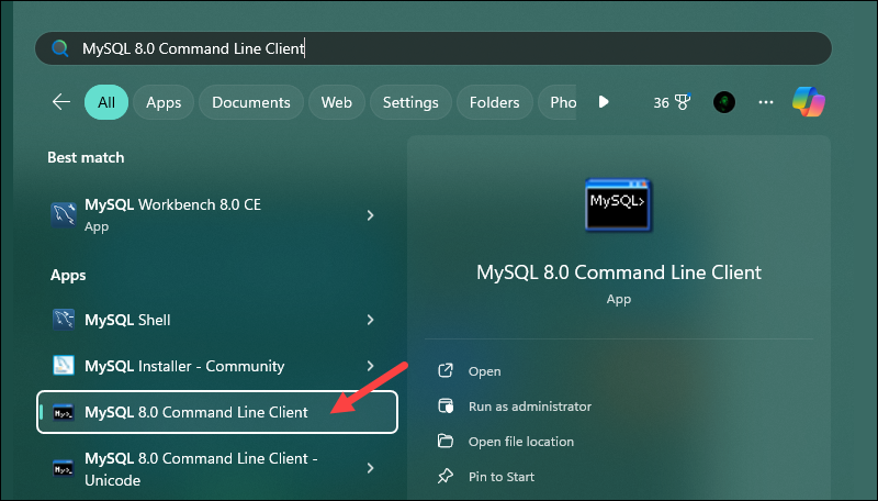 Opening the MySQL command line client.