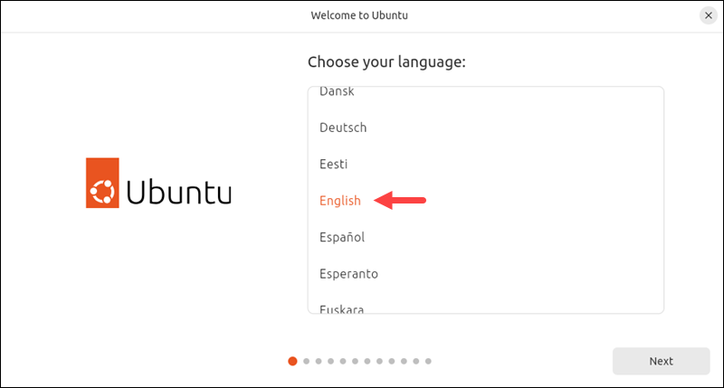 Select the language for the Ubuntu installation wizard.